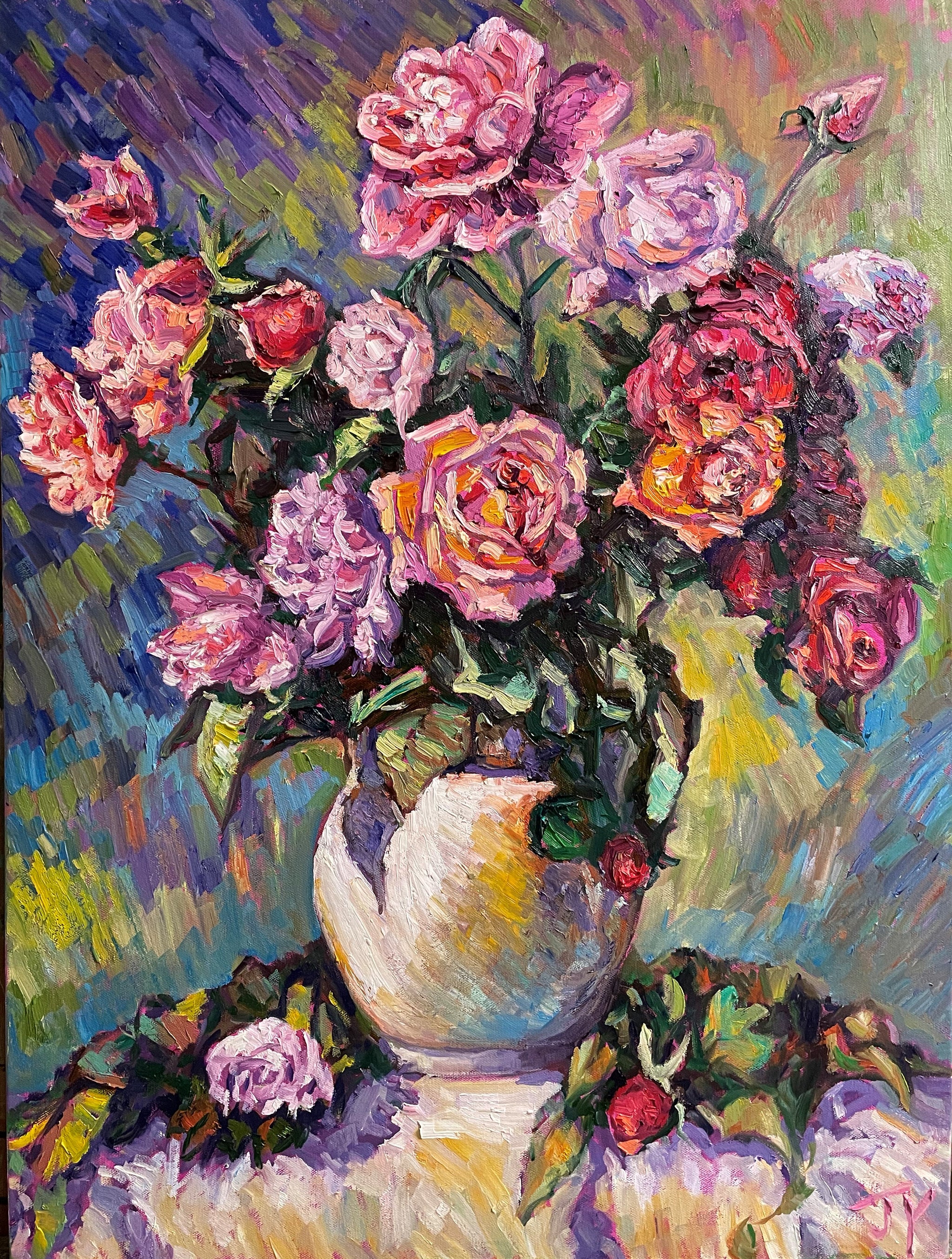Original Oil Painting, Rose Flower in Vase, 80x60x4cm
