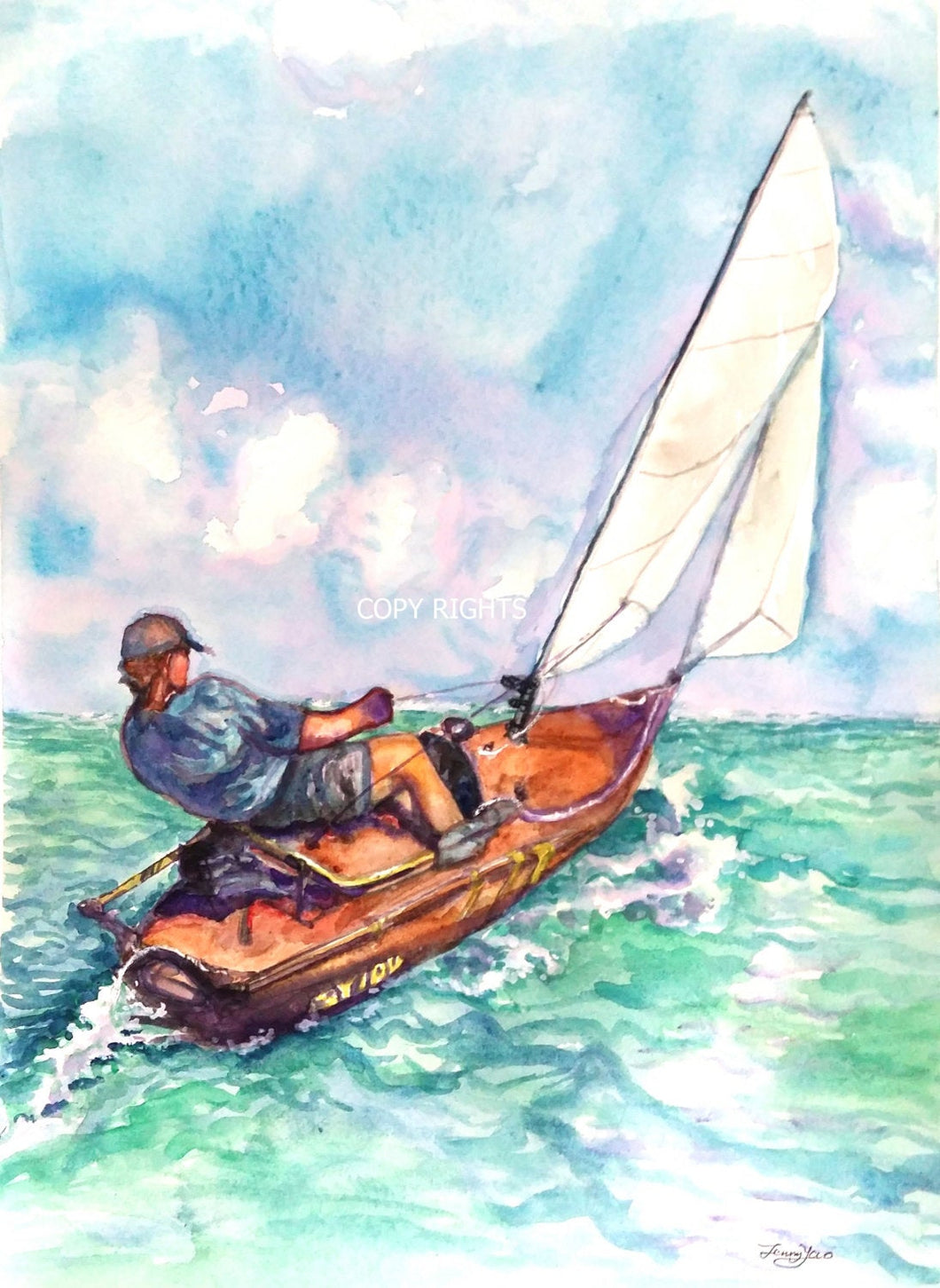 Original Water Color Painting, Landscape-Sailing Alone, 14