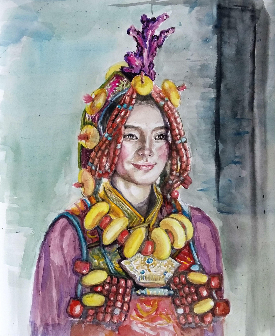 Original Watercolor painting, Tibet Woman Portrait, 15x12inch, 180294