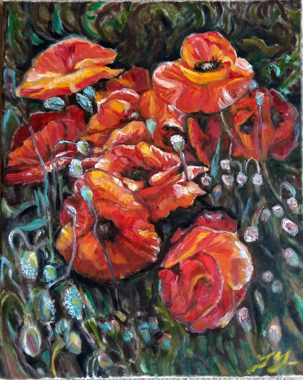 Original Oil Painting, Red Poppy flower, 20