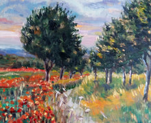 Load image into Gallery viewer, Original Oil Painting on Wood Panel, Road Cross Poppy Field- Landscape, 16x12&quot;, 180604
