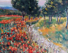 Load image into Gallery viewer, Original Oil Painting on Wood Panel, Road Cross Poppy Field- Landscape, 16x12&quot;, 180604
