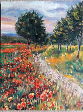 Load image into Gallery viewer, Original Oil Painting on Wood Panel, Road Cross Poppy Field- Landscape, 16x12&quot;, 180604
