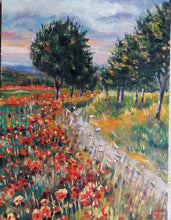 Load image into Gallery viewer, Original Oil Painting on Wood Panel, Road Cross Poppy Field- Landscape, 16x12&quot;, 180604
