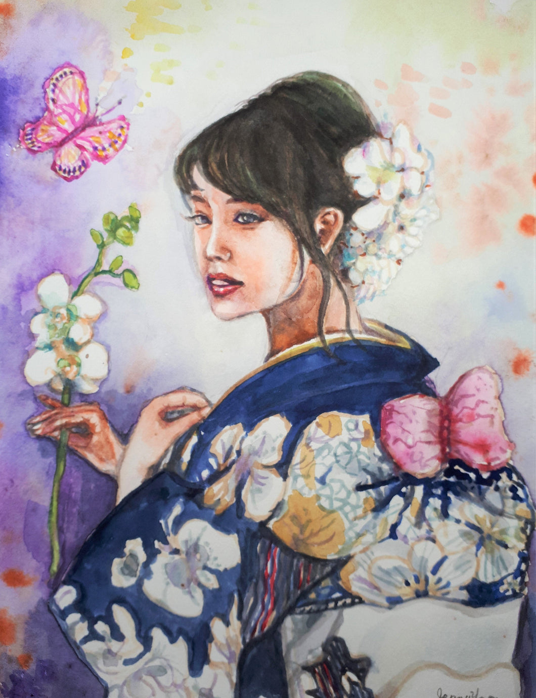 Original Watercolor Painting, Japanese Woman Portrait, 8x10 