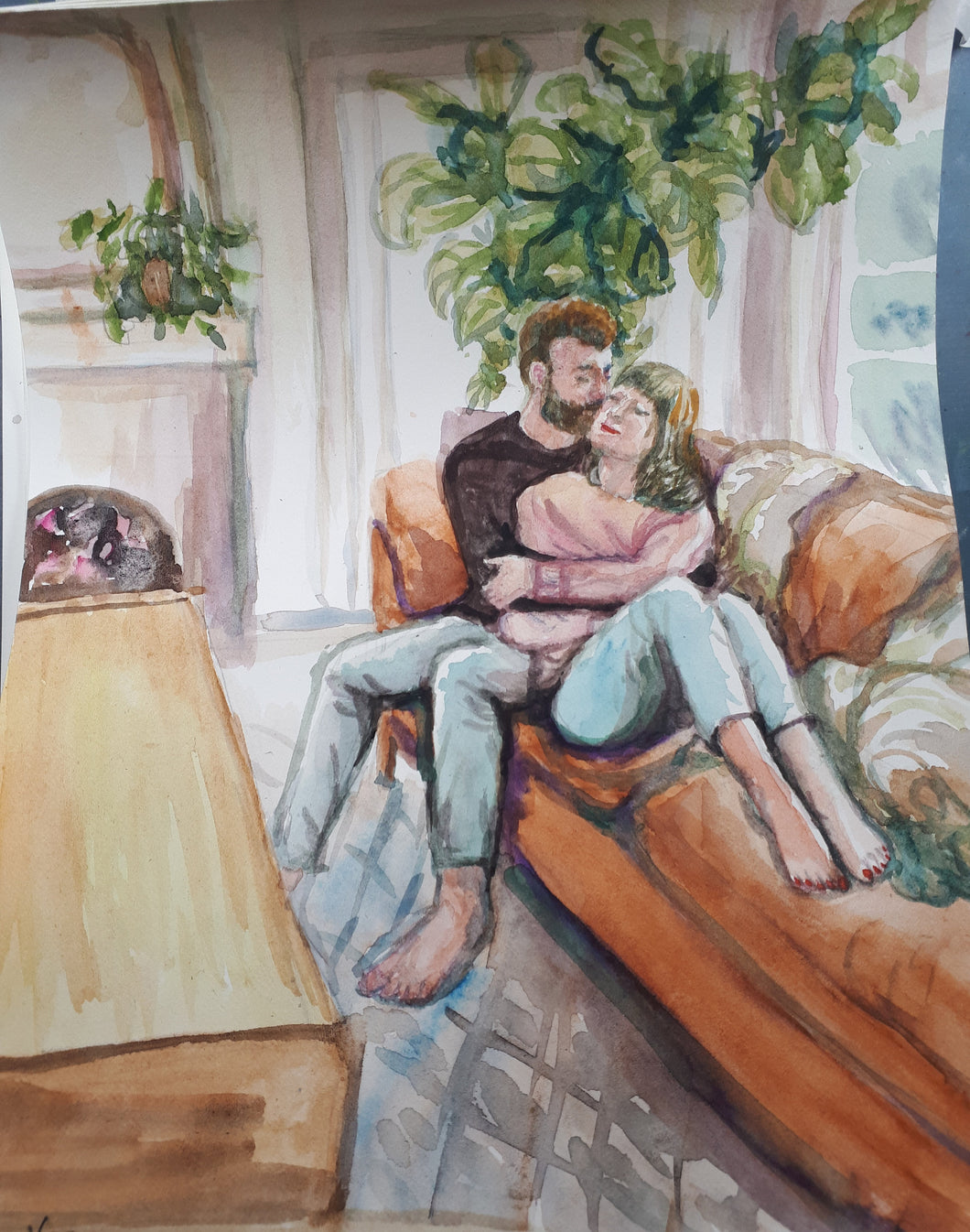 Original Watercolor Painting, Love Couple at Home, 210217, 8x10