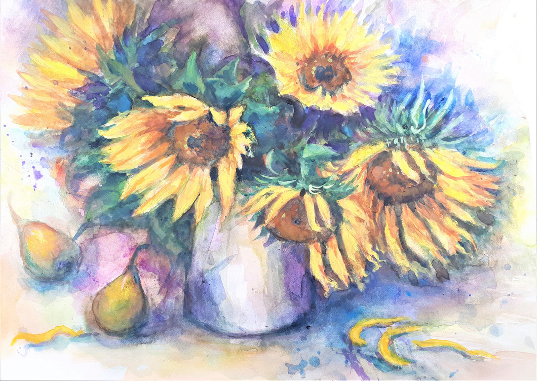 Original Watercolor Painting, Sun Flower Still Life I, 210401, 10x15