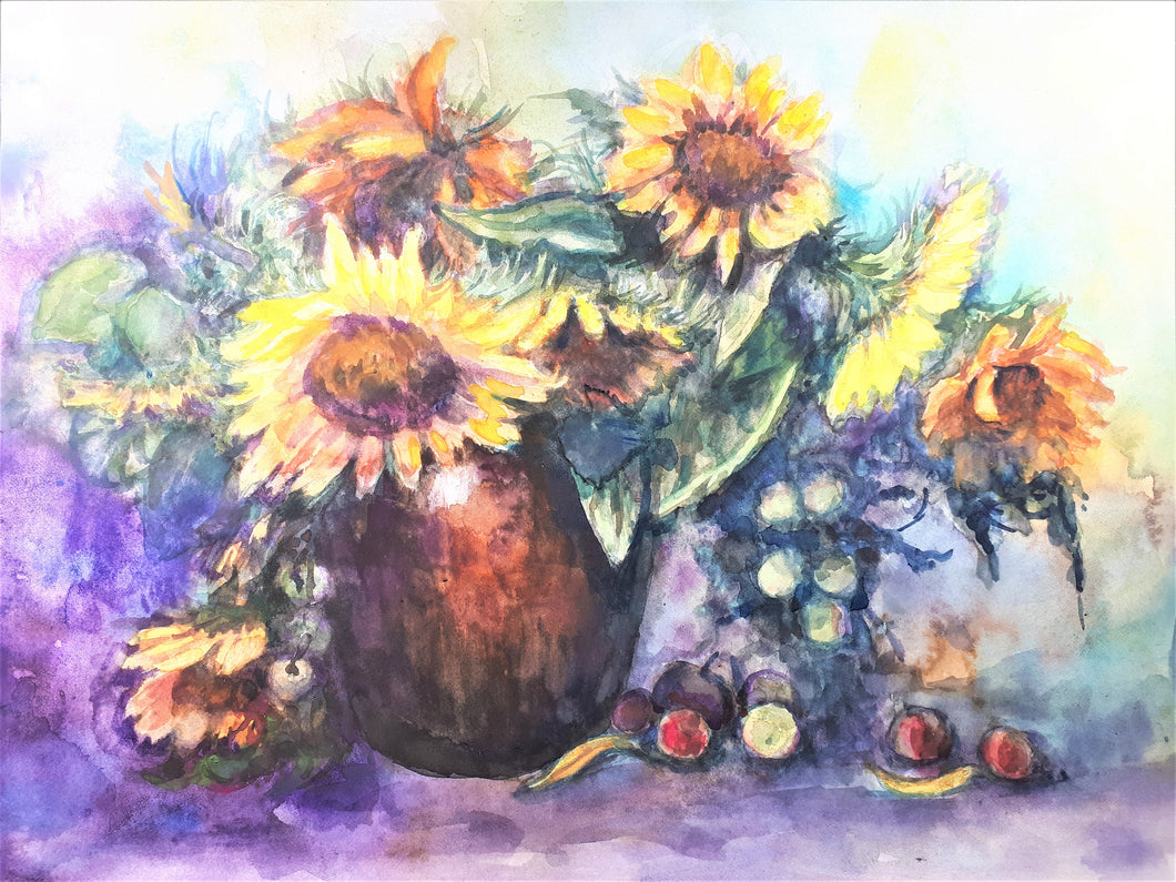 Original Watercolor Painting, Sun flower in Vase, 040121, 13x18