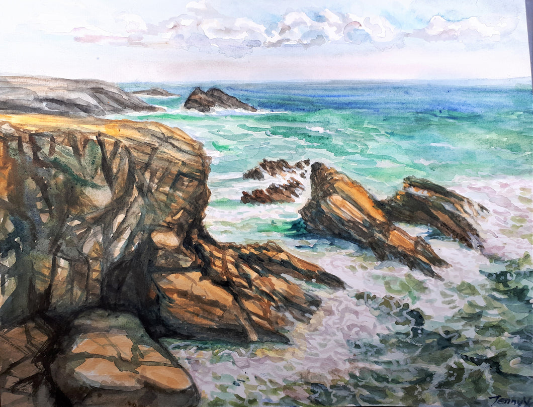 Original Watercolor Painting, Rocky Coast, 210416, 11x14