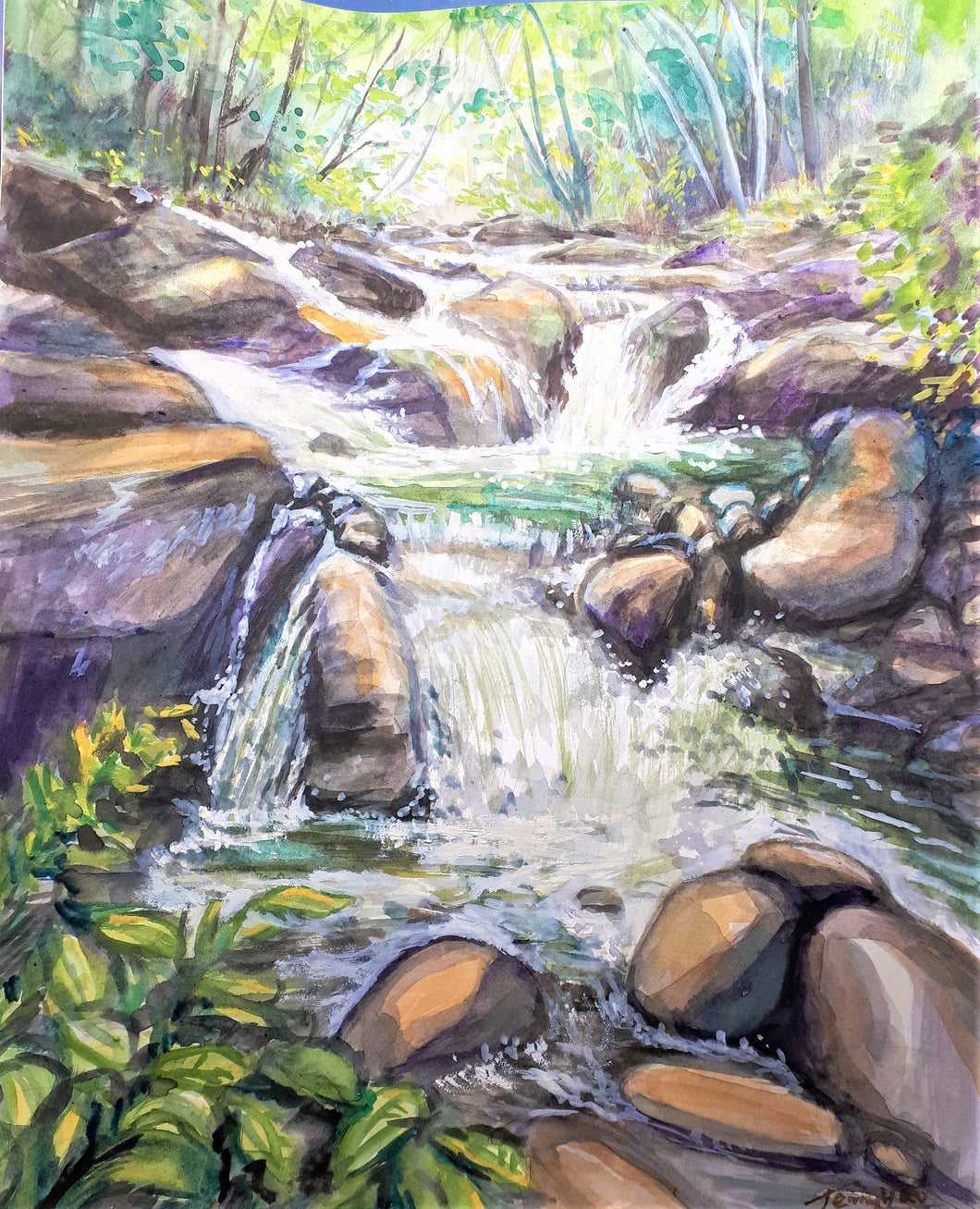 Original Watercolor Painting, Water Fall in Forest, 11x14