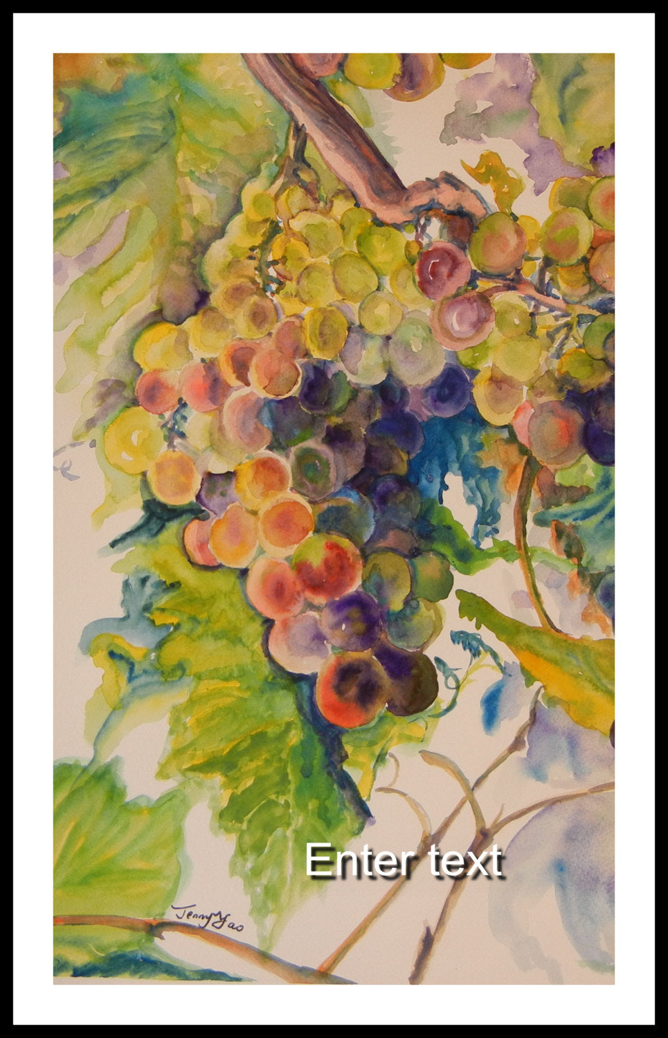 Original Watercolor painting, Large Size Painting 15x22 in,  Grape, purple, green, red, yellow