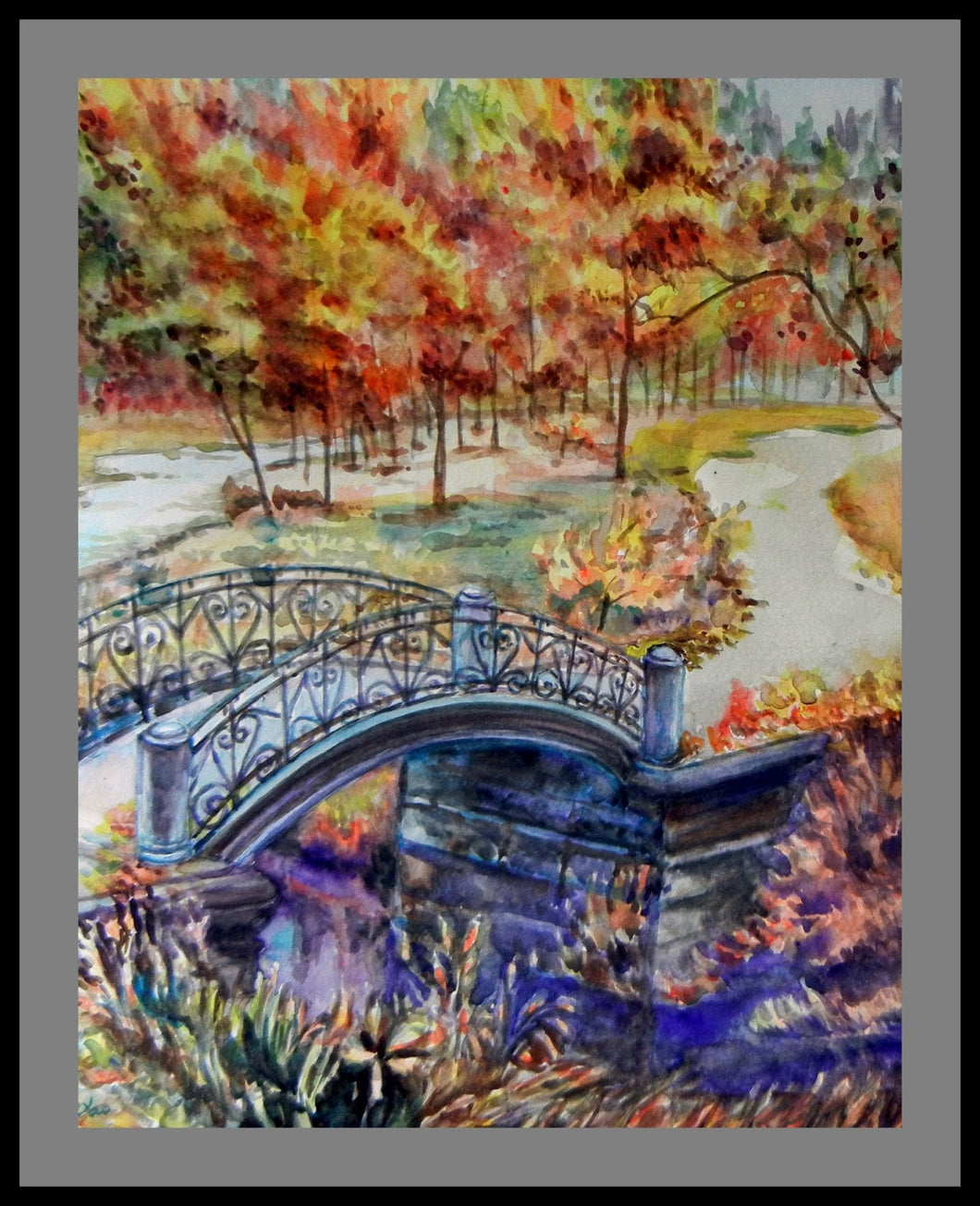 Original Water Color painting, Vancouver Park in Fall-The Bridge, Paper size 11